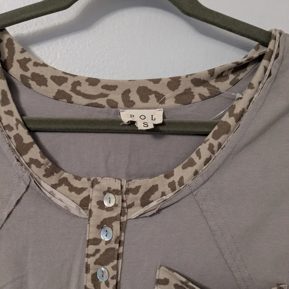 POL Khaki Cap With Leopard Print Trim Sleeve Buttoned Blouse - Picture 2 of 3